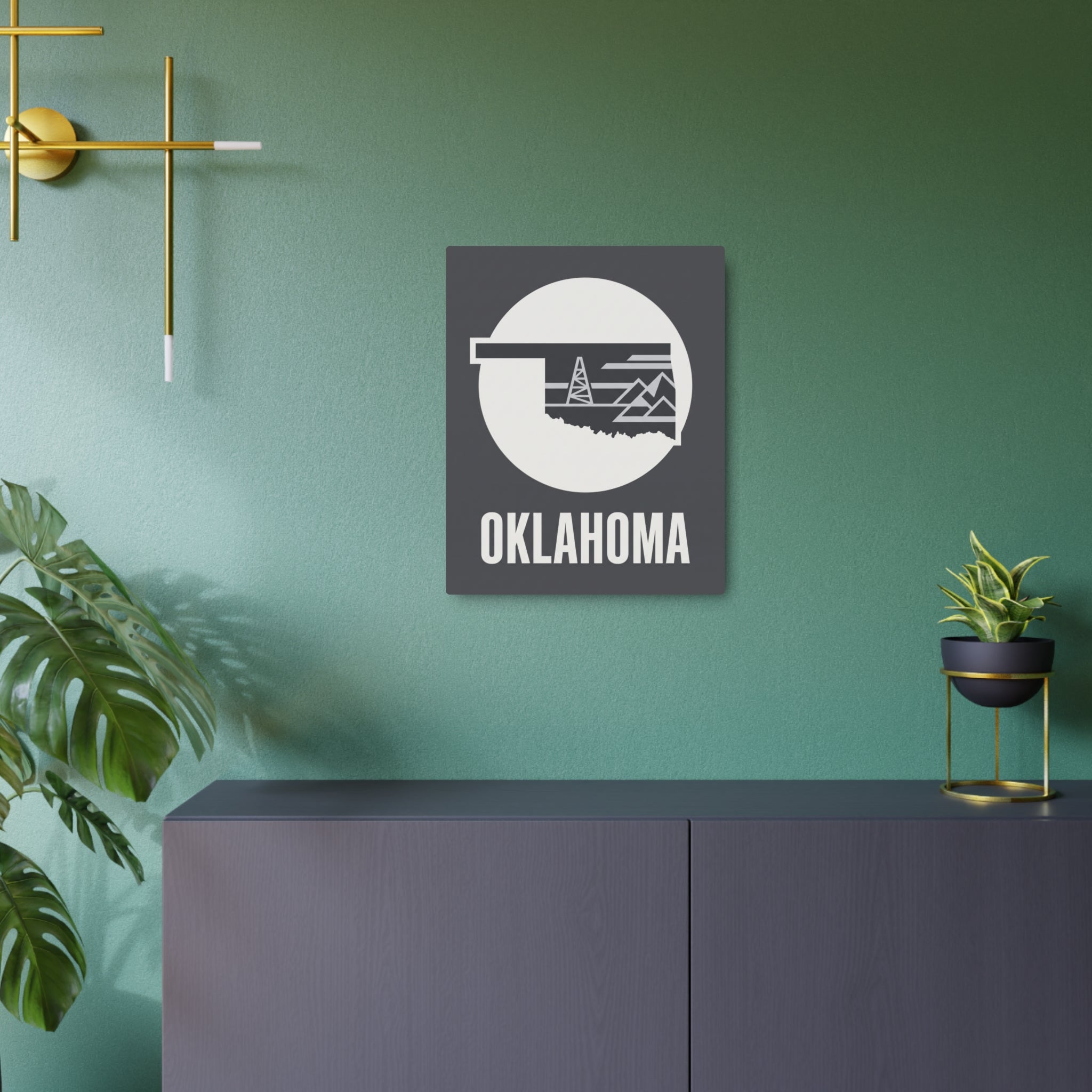Square metal Oklahoma emblem wall sign with rig lines graphic and dark gray finish