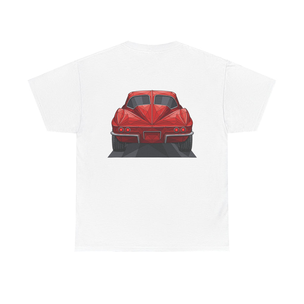 White crew-neck T-shirt with centered red sports coupe graphic