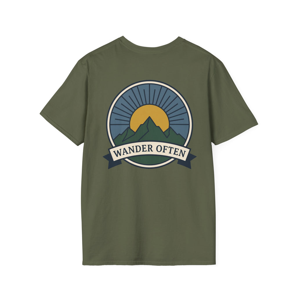 Military green unisex T-shirt with Wander Often mountain badge emblem on chest.