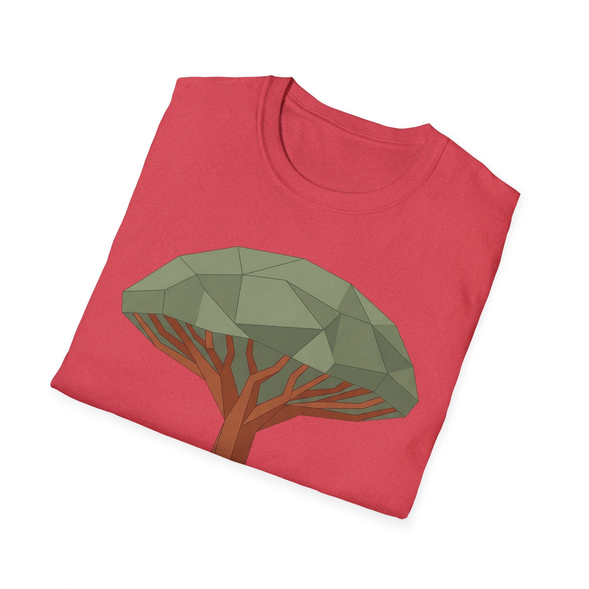 Dragon blood tree graphic T-shirt, pink; folded with faceted tree front print.