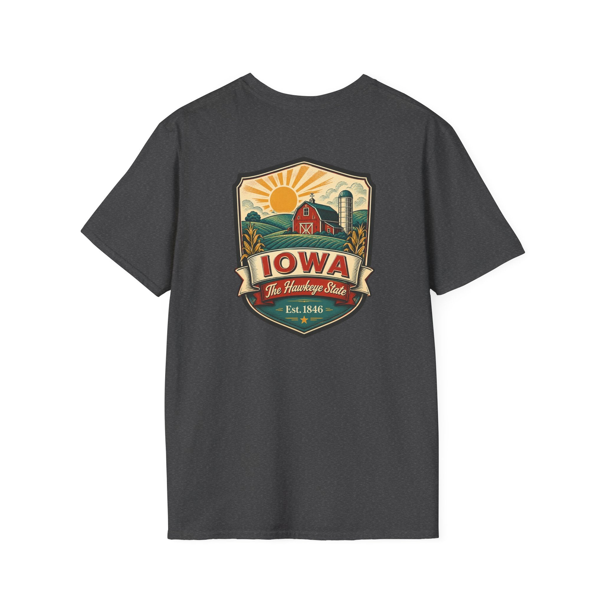 Dark gray Iowa travel badge T-shirt with front graphic logo print