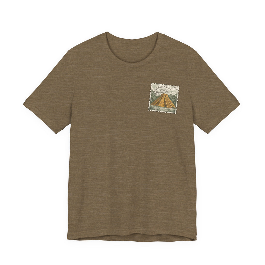 Brown t-shirt with small vintage-style Mexico stamp graphic on upper chest