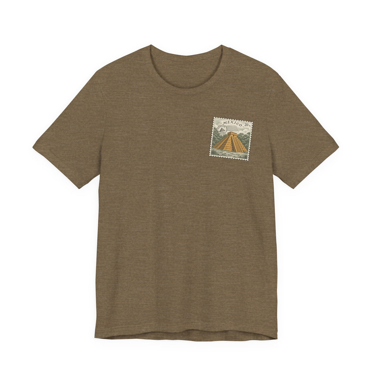 Brown t-shirt with small vintage-style Mexico stamp graphic on upper chest