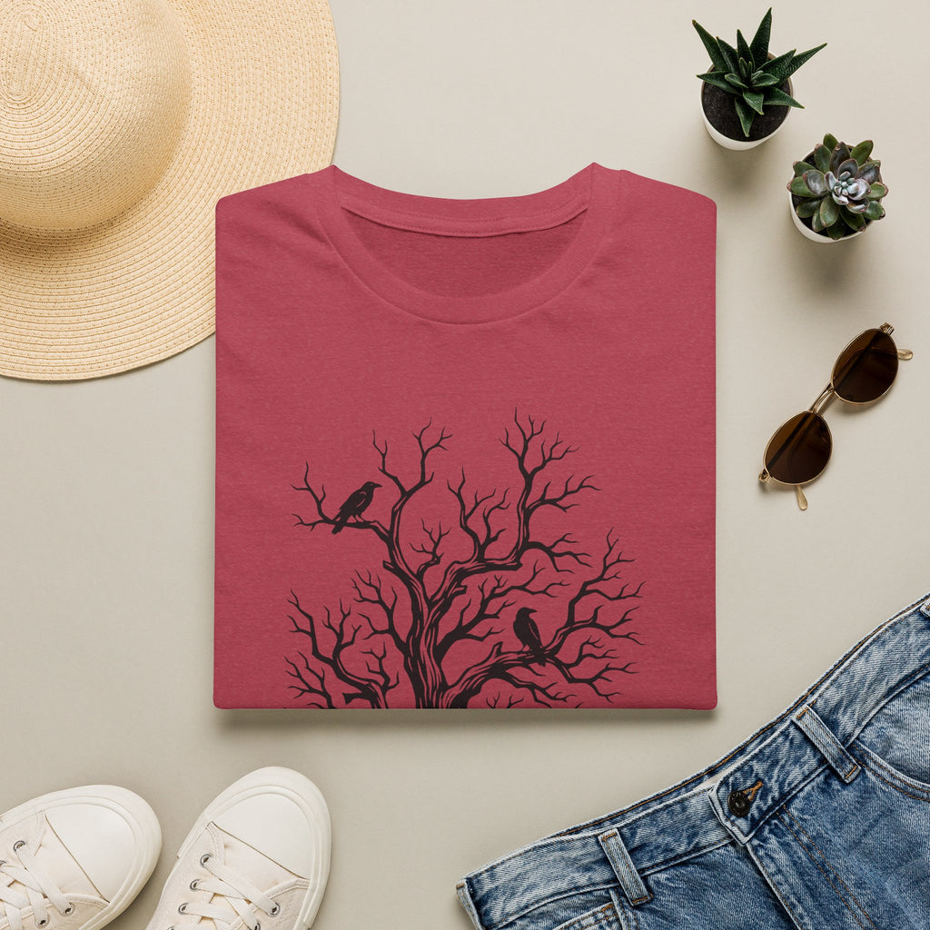 Rose t-shirt with dark rose bare tree and crow graphic, crew neck