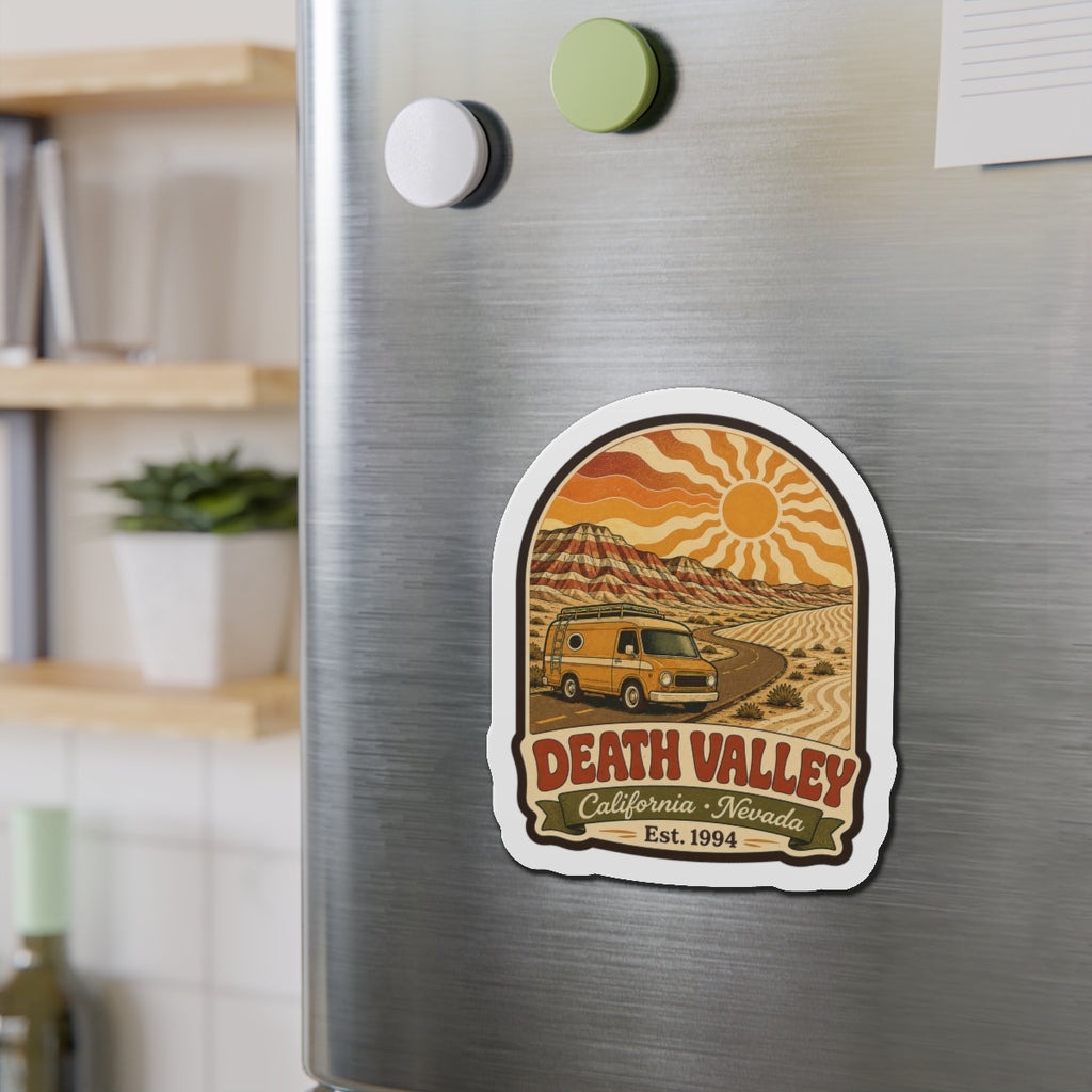 Die-cut Death Valley fridge magnet featuring desert sun, van, and Est. 1994 text