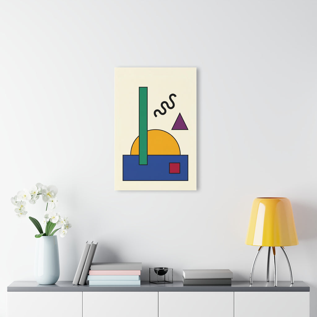 Geometric Sun wall art print: yellow sun, green vertical bar, blue rectangle base, purple triangle