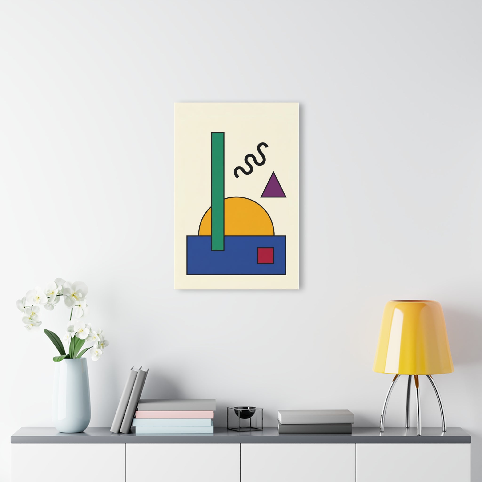 Geometric Sun wall art print: yellow sun, green vertical bar, blue rectangle base, purple triangle