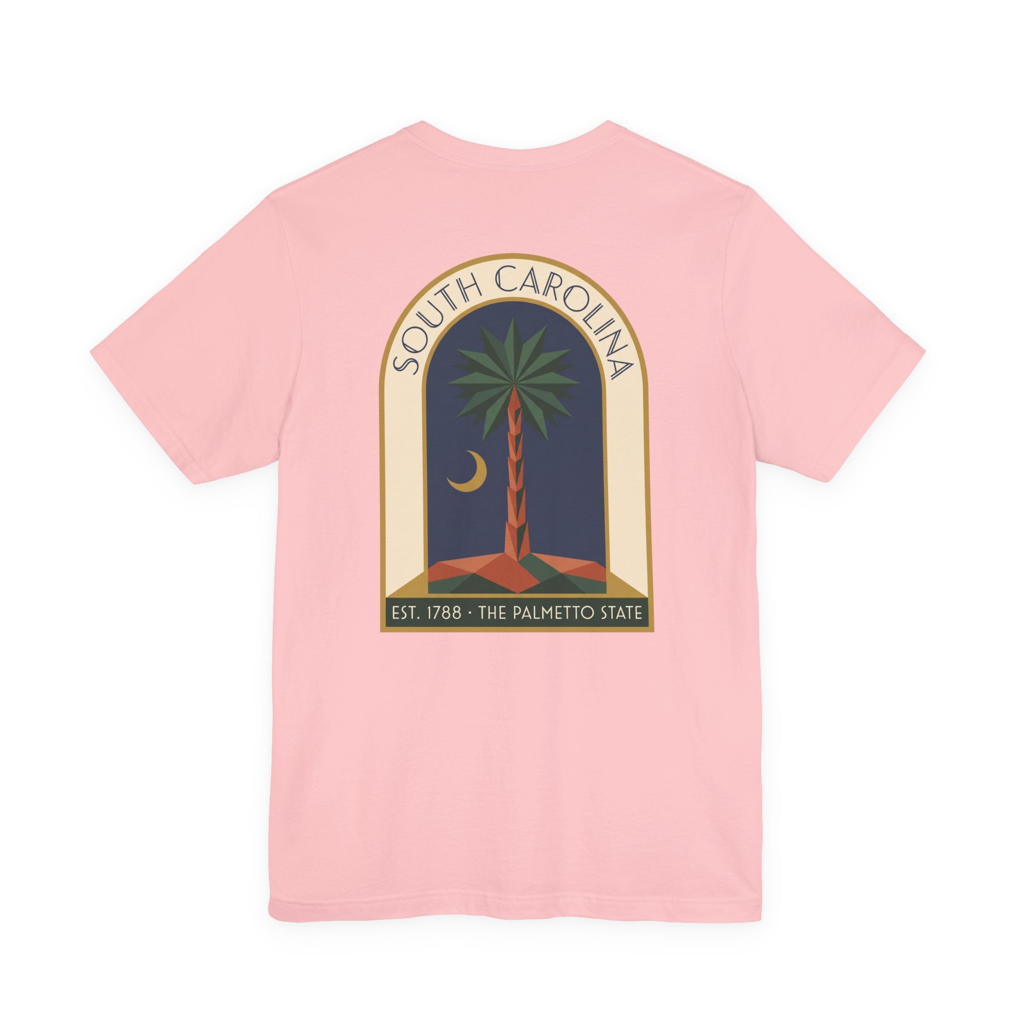Pink t-shirt with South Carolina art deco palmetto and moon graphic