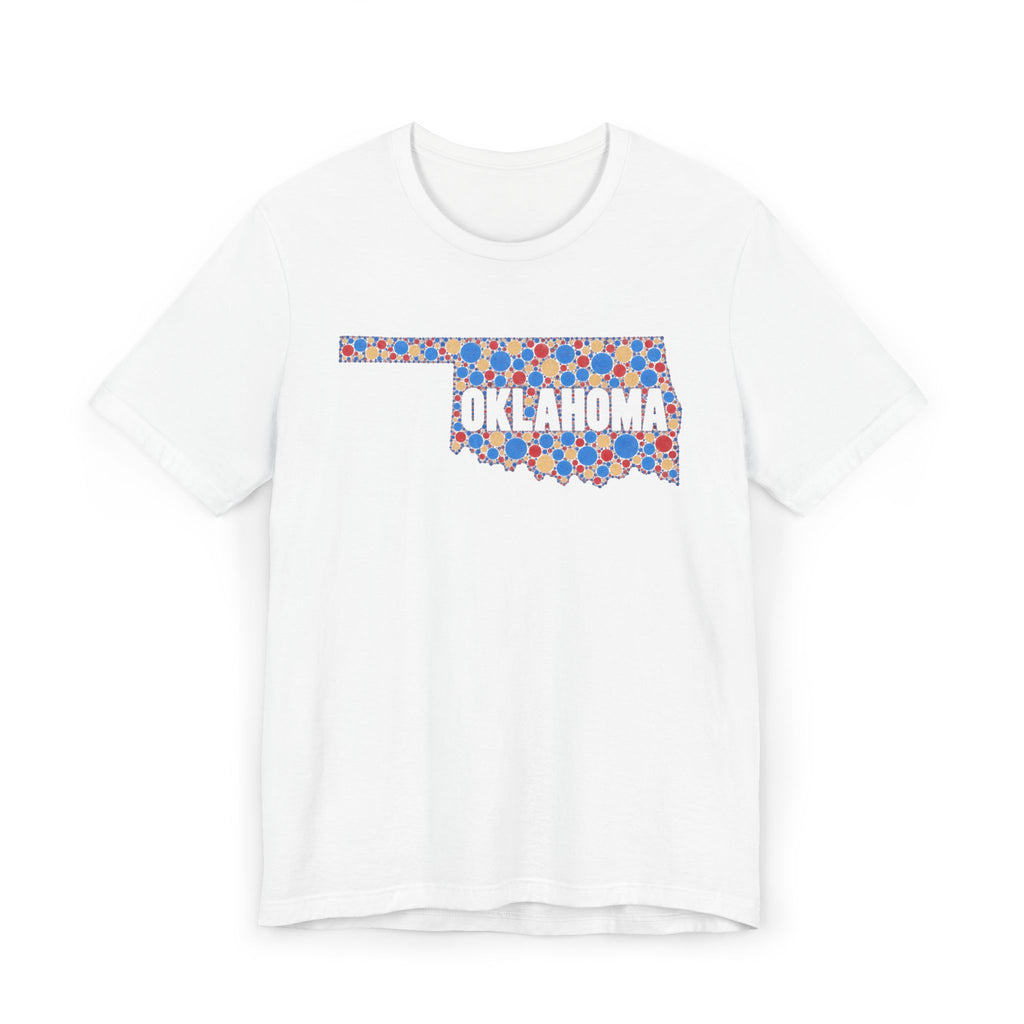 White T-shirt with colorful Oklahoma floral map graphic across chest