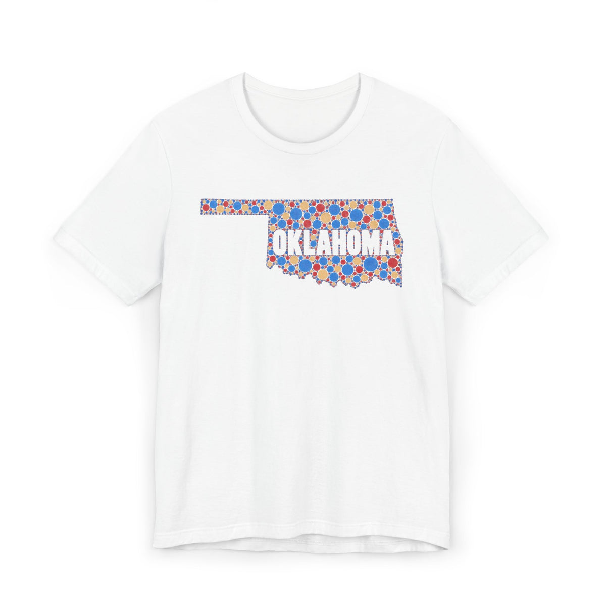 White T-shirt with colorful Oklahoma floral map graphic across chest