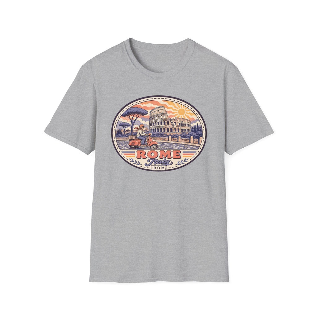 Light gray crewneck t-shirt with circular Rome scooter and Coliseum graphic