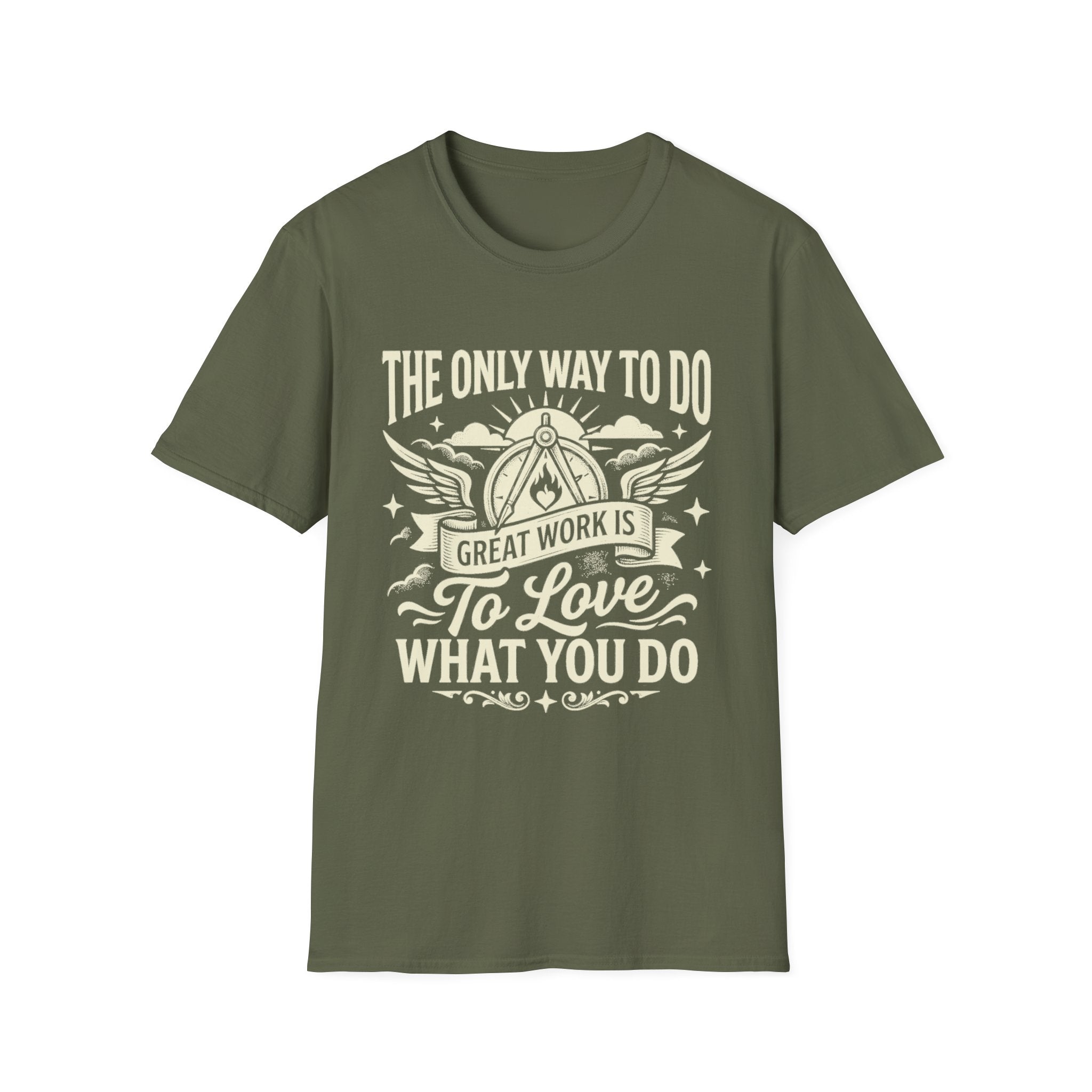 Military green T-shirt with “To love what you do” quote and winged emblem