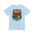 Light blue city badge graphic T-shirt with sailboat and skyline crest