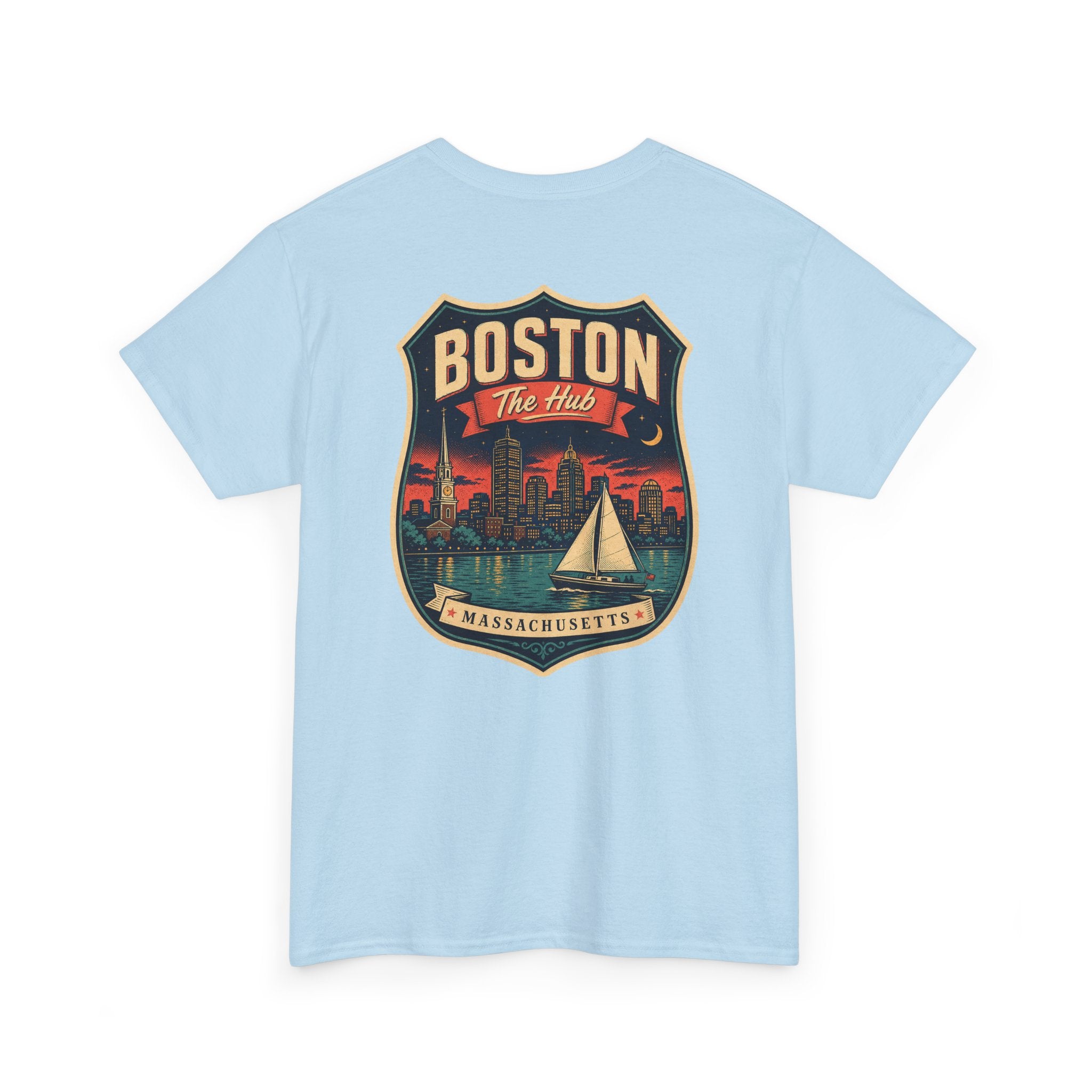 Light blue city badge graphic T-shirt with sailboat and skyline crest