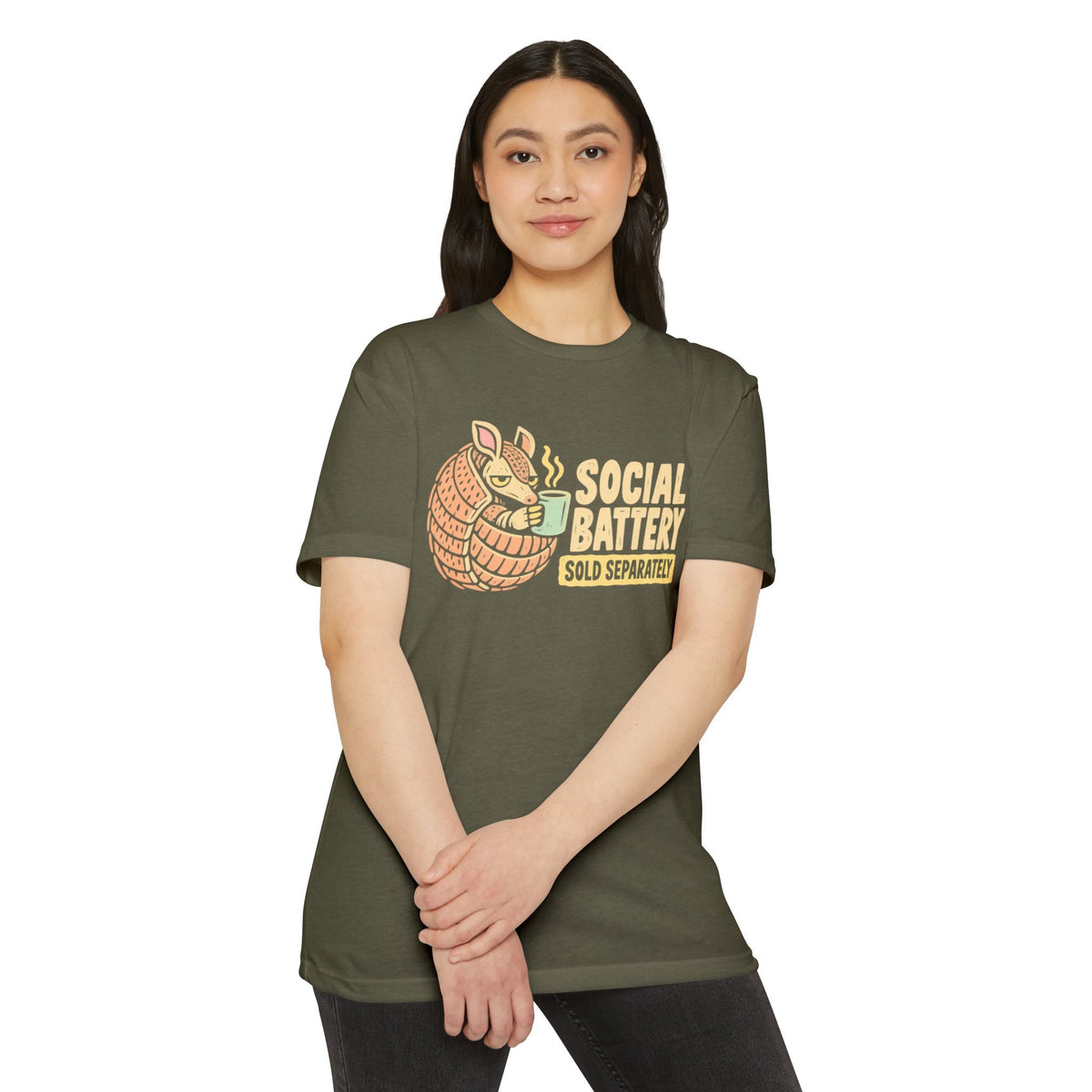 Olive green t-shirt with armadillo Social Battery graphic on front