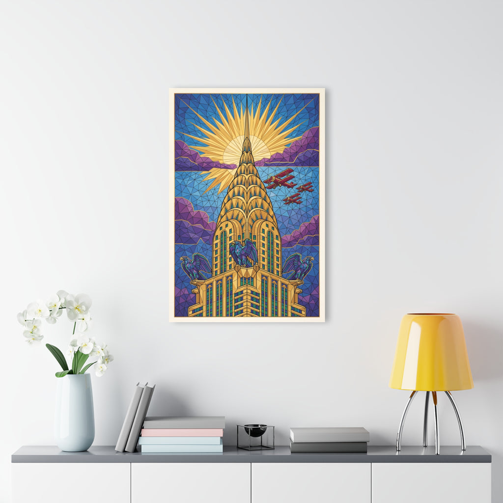 Framed Chrysler Building acrylic print with stained-glass tower, golden rays, blue-purple sky