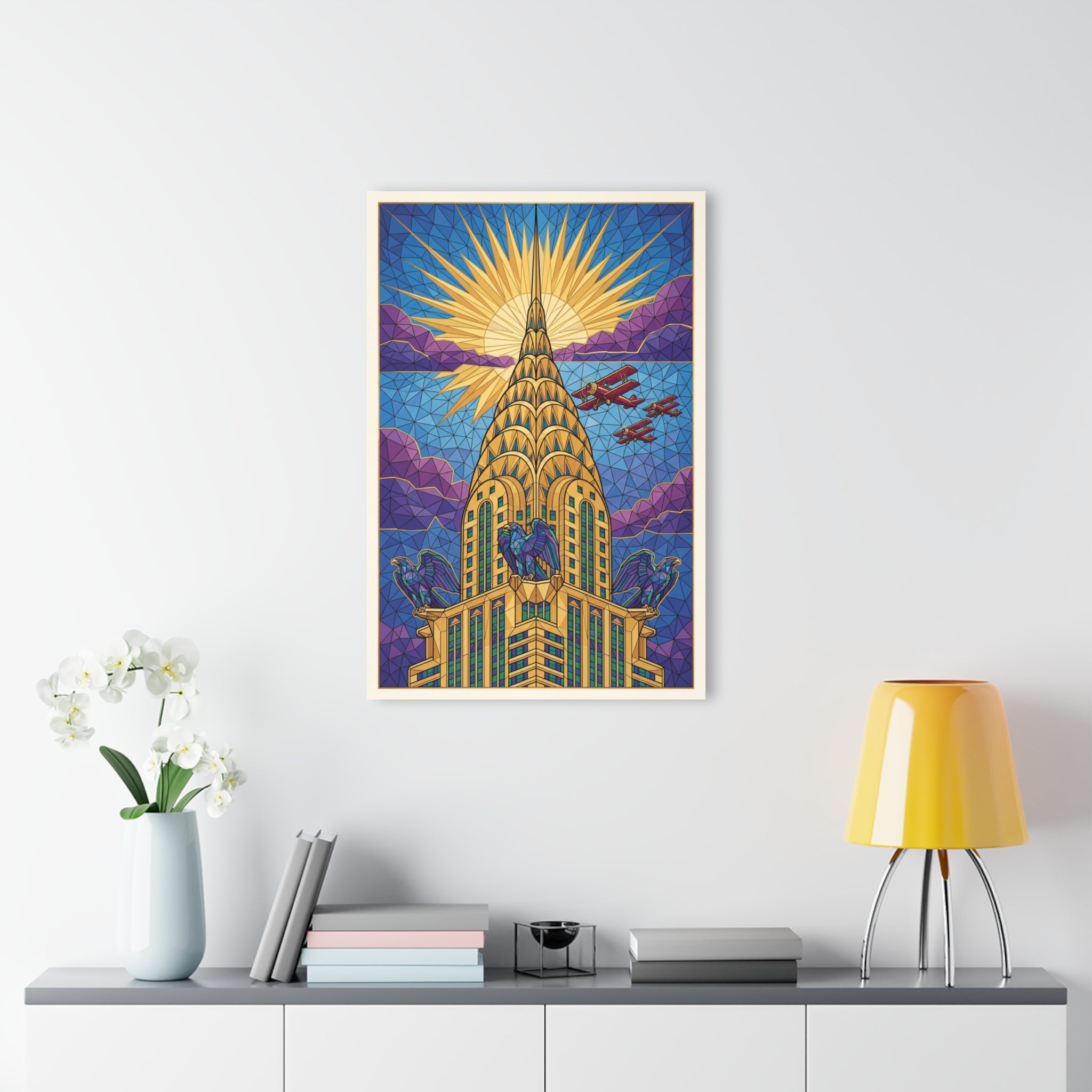 Framed Chrysler Building acrylic print with stained-glass tower, golden rays, blue-purple sky