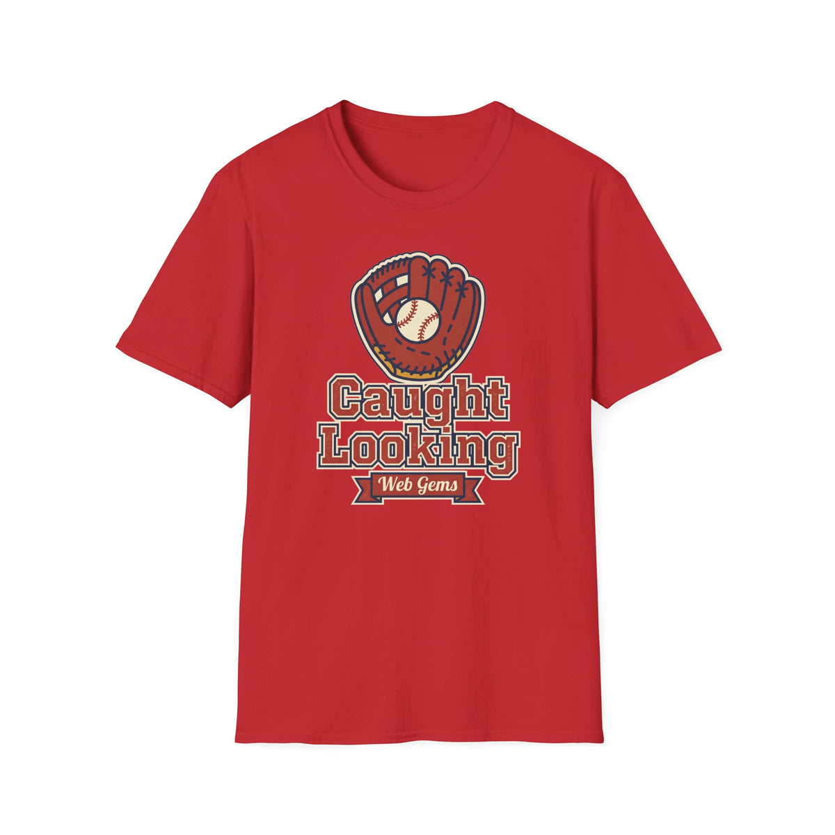 Red short-sleeve crewneck tee with 'Caught Looking' baseball glove graphic