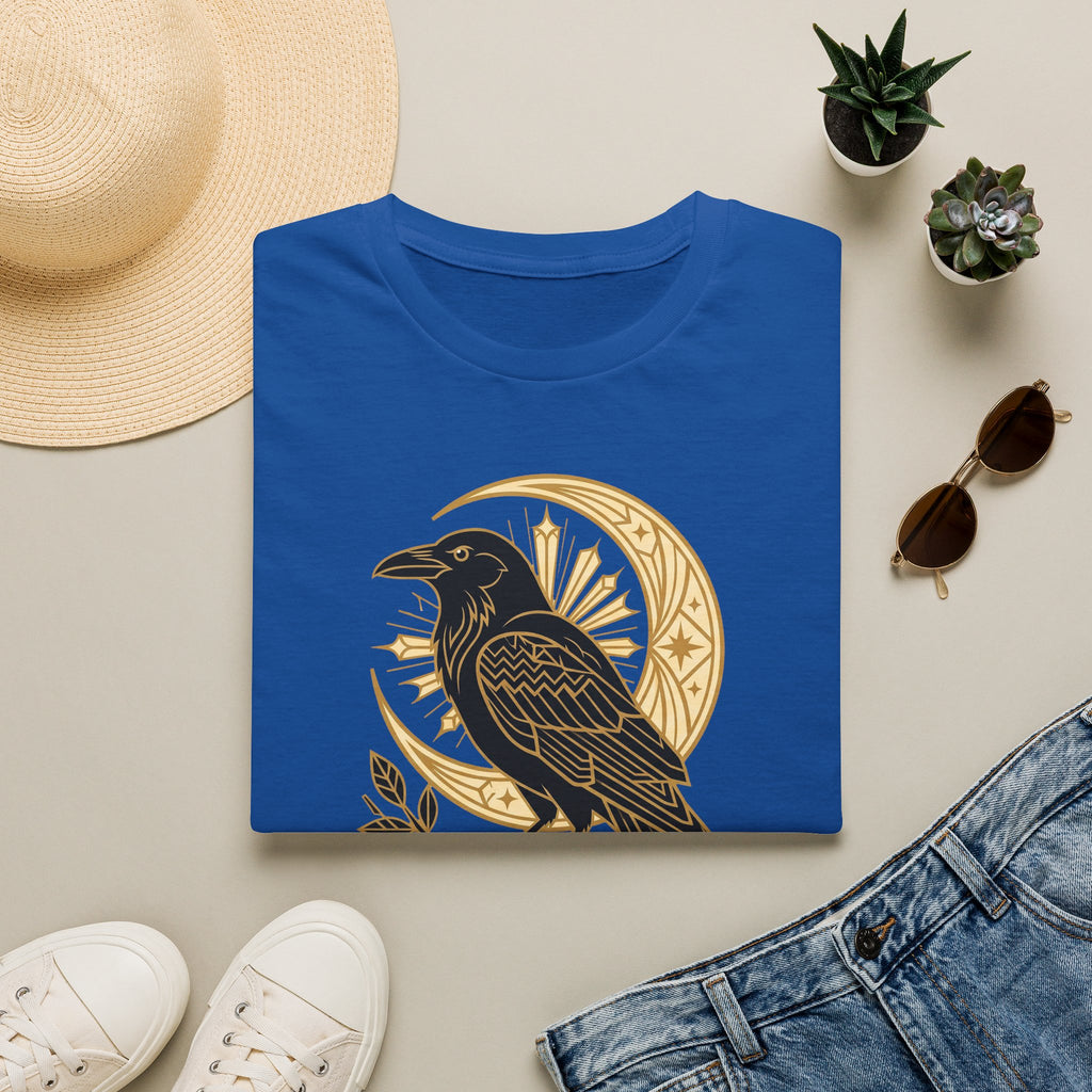 Royal blue raven graphic T-shirt with gold crescent moon and Nevermore emblem