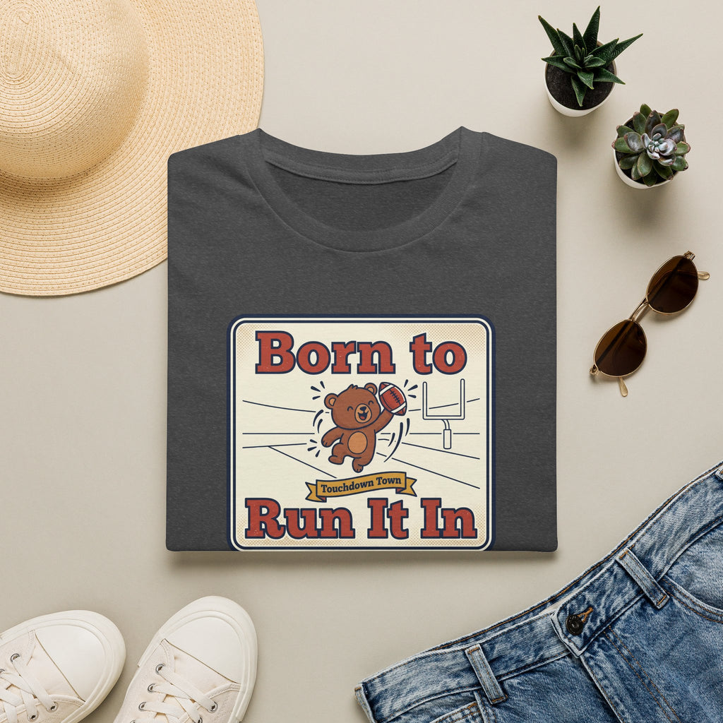 Charcoal crewneck T-shirt with “Born to Run It In” sports bear graphic