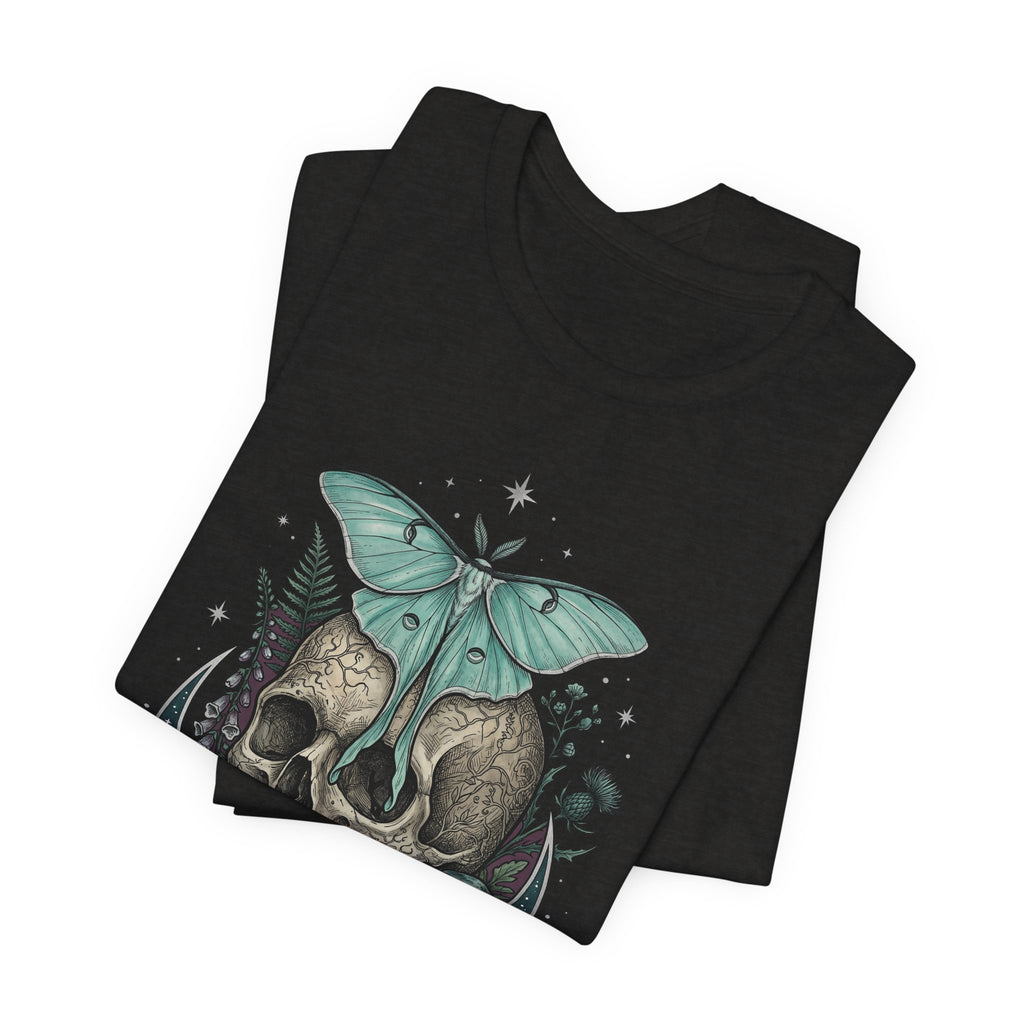 Schwarzes T-Shirt mit Moth- und Skull-Print in Türkis und Pflanzenmotiven