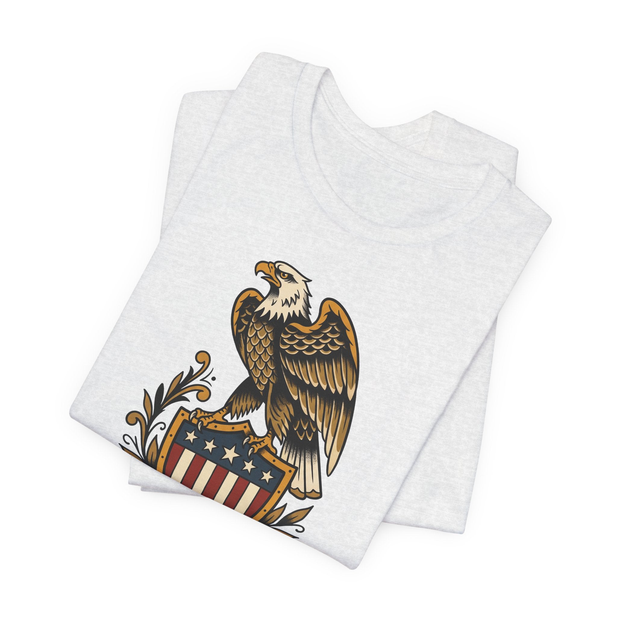 Heather gray crew-neck T-shirt with bald eagle shield graphic on front.
