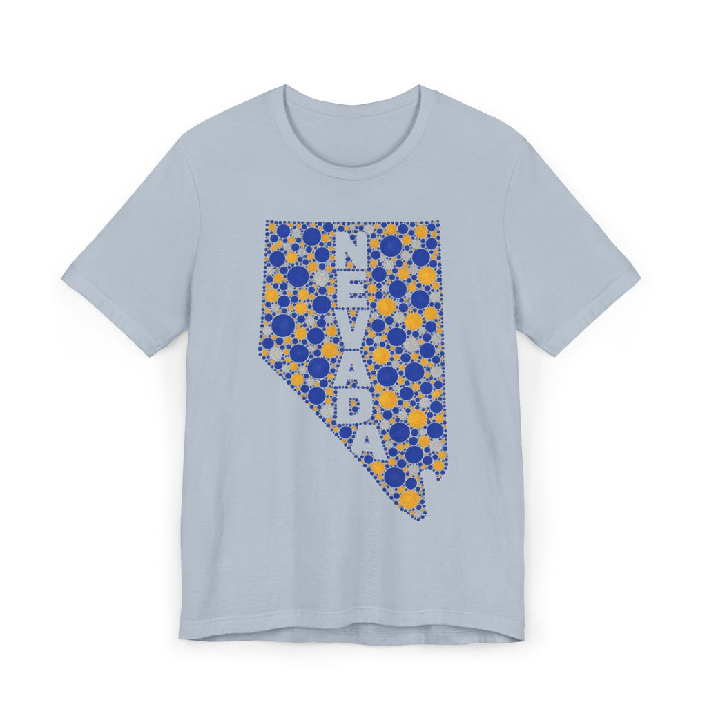 Light gray-blue T-shirt with blue and gold polka-dot Nevada map graphic on the chest