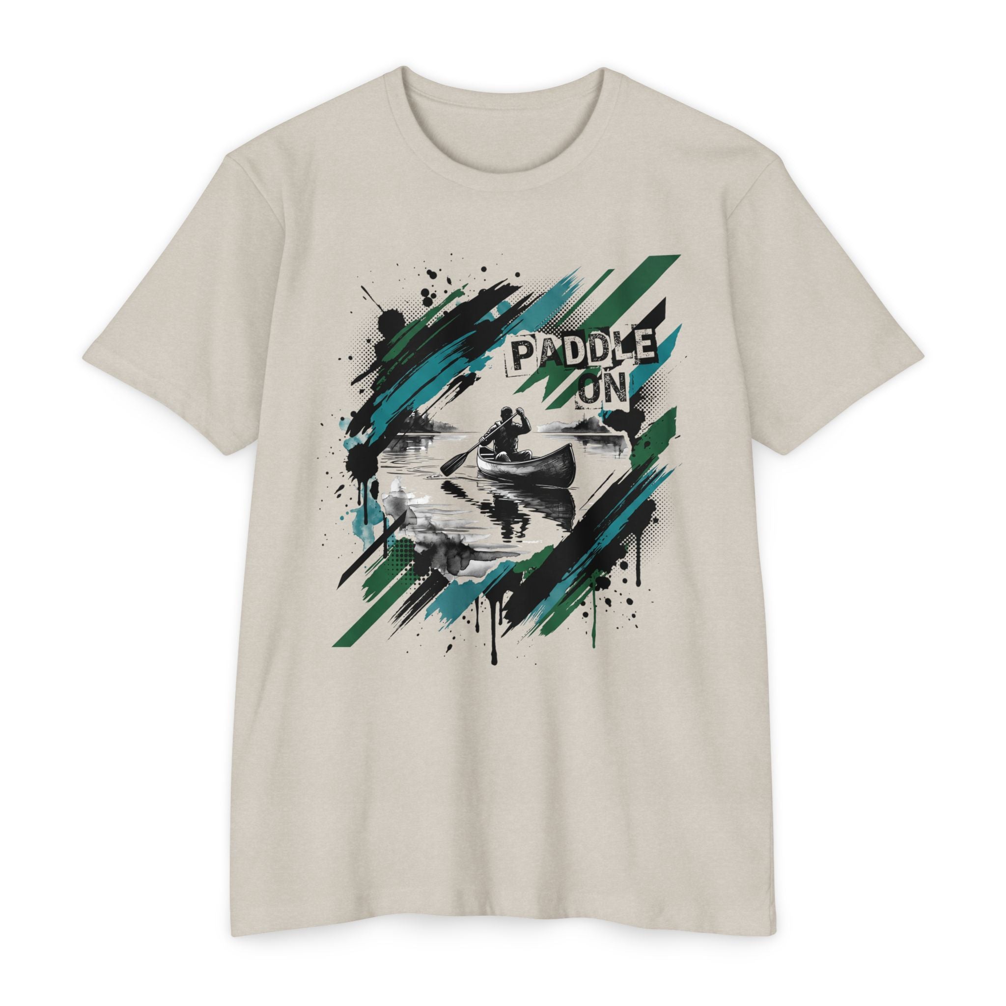 Light cream T-shirt with front kayaking graphic reading “PADDLE ON”