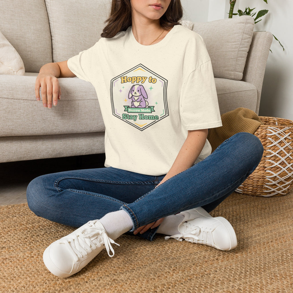 White unisex t-shirt with bunny “Stay Home” graphic on the chest