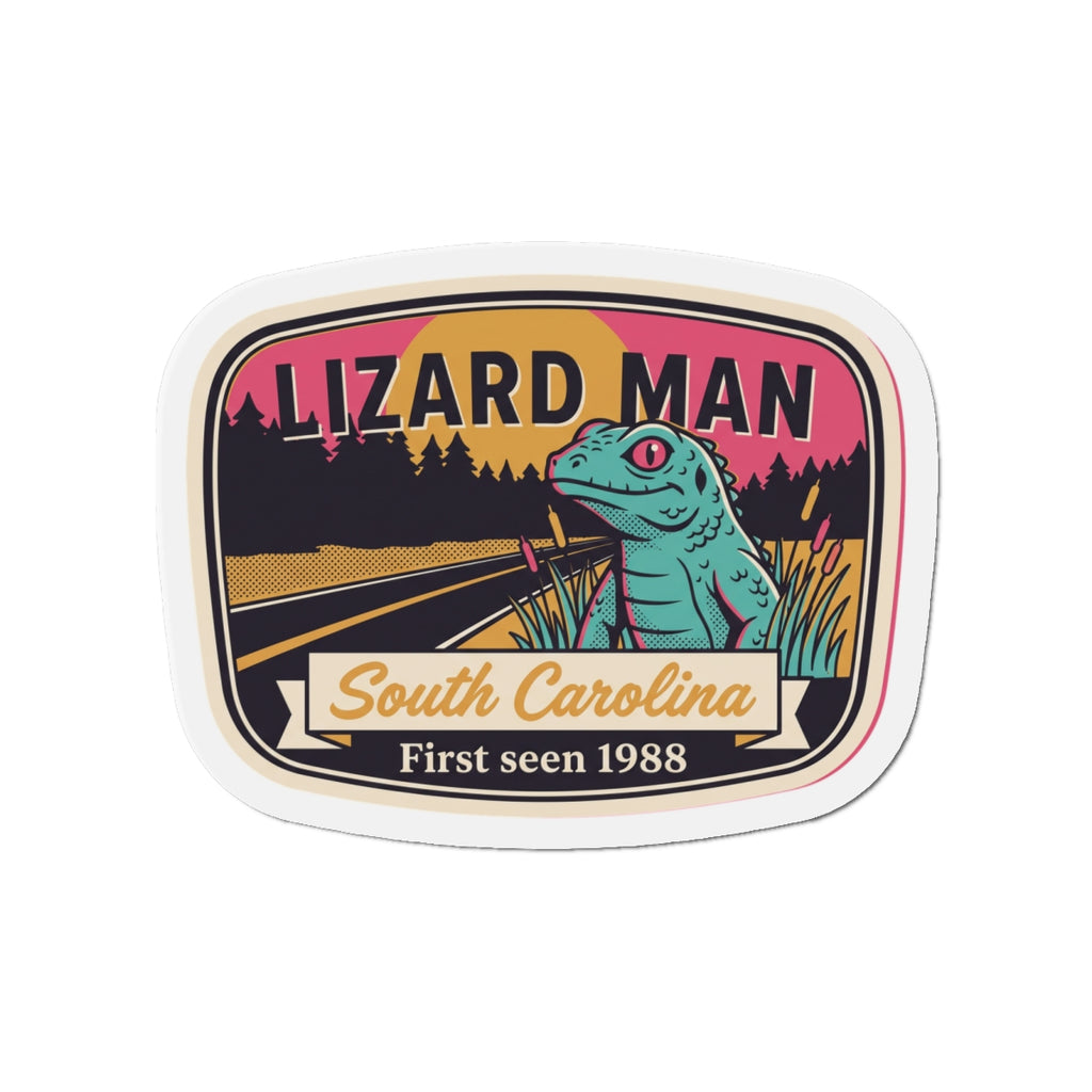 Die-cut Lizard Man South Carolina magnet with “LIZARD MAN” title and teal lizard