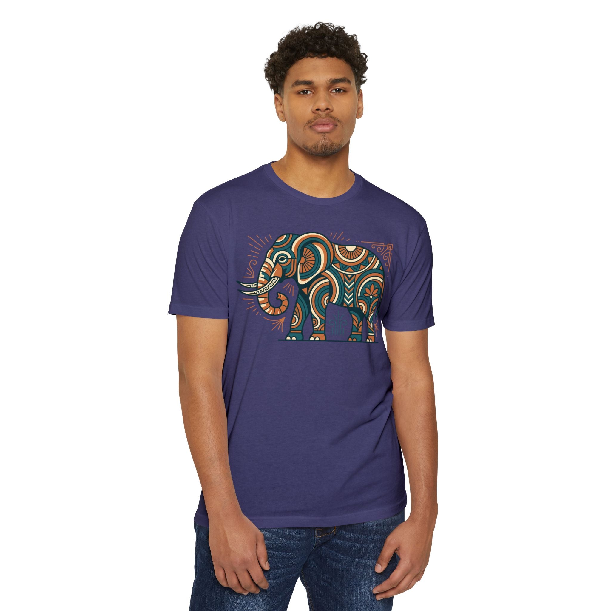 Purple crewneck T-shirt with colorful elephant paisley graphic on front.