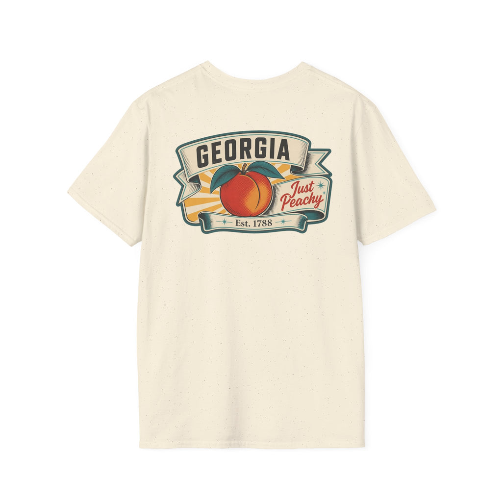Natural/Tan T-shirt with Georgia badge logo and peach fruit graphic on front