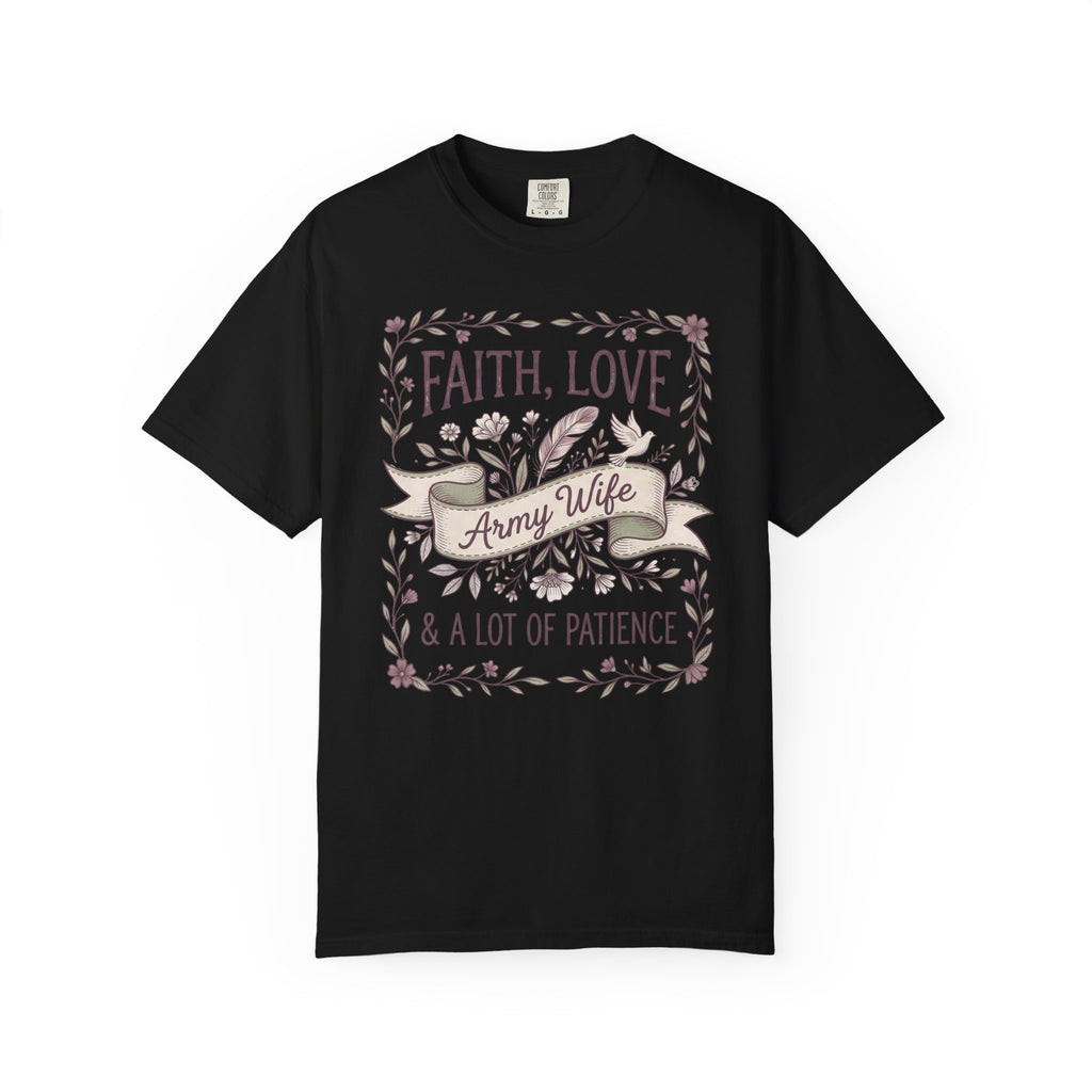 Black crewneck T-shirt with floral "Faith Love & A Lot of Patience" print