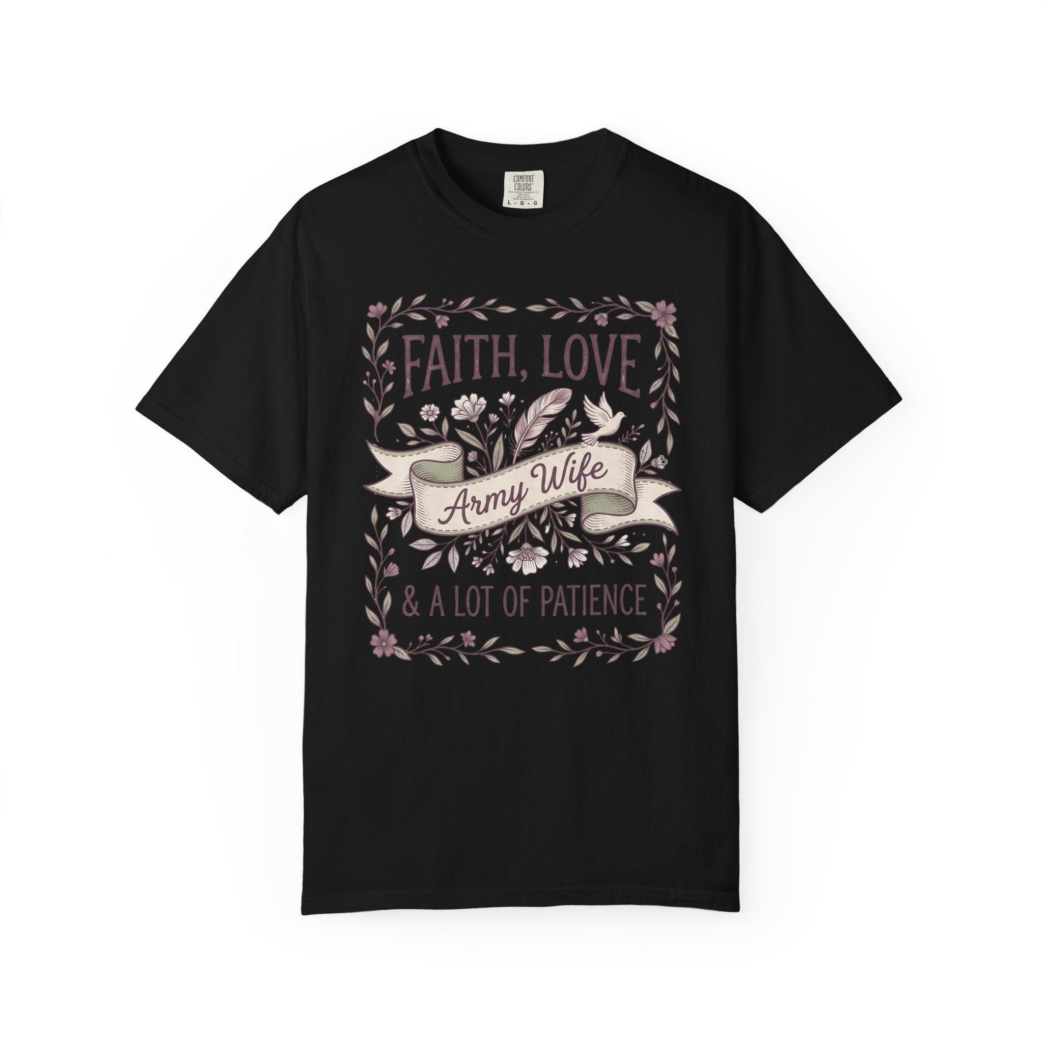 Black crewneck T-shirt with floral "Faith Love & A Lot of Patience" print
