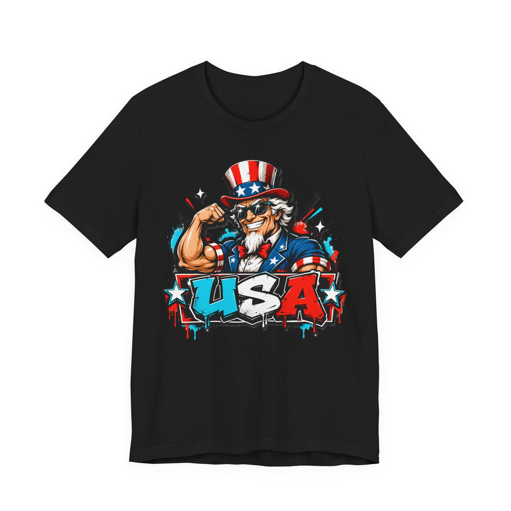 Black muscle t-shirt with Uncle Sam USA patriotic graphic
