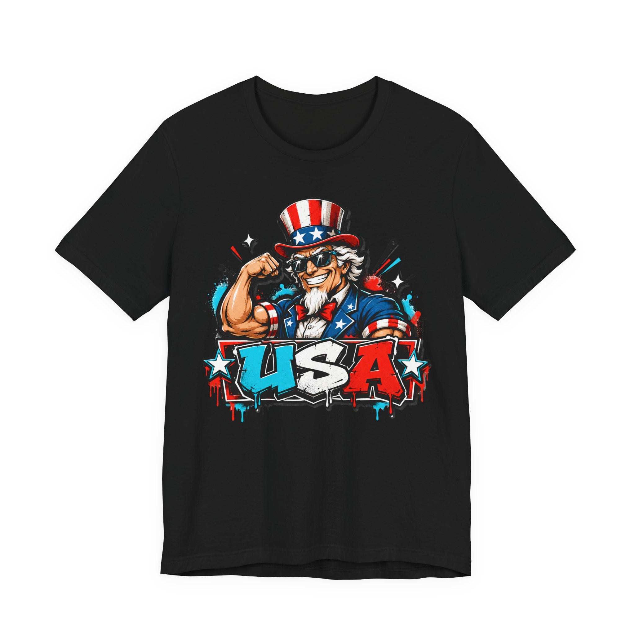 Black muscle t-shirt with Uncle Sam USA patriotic graphic