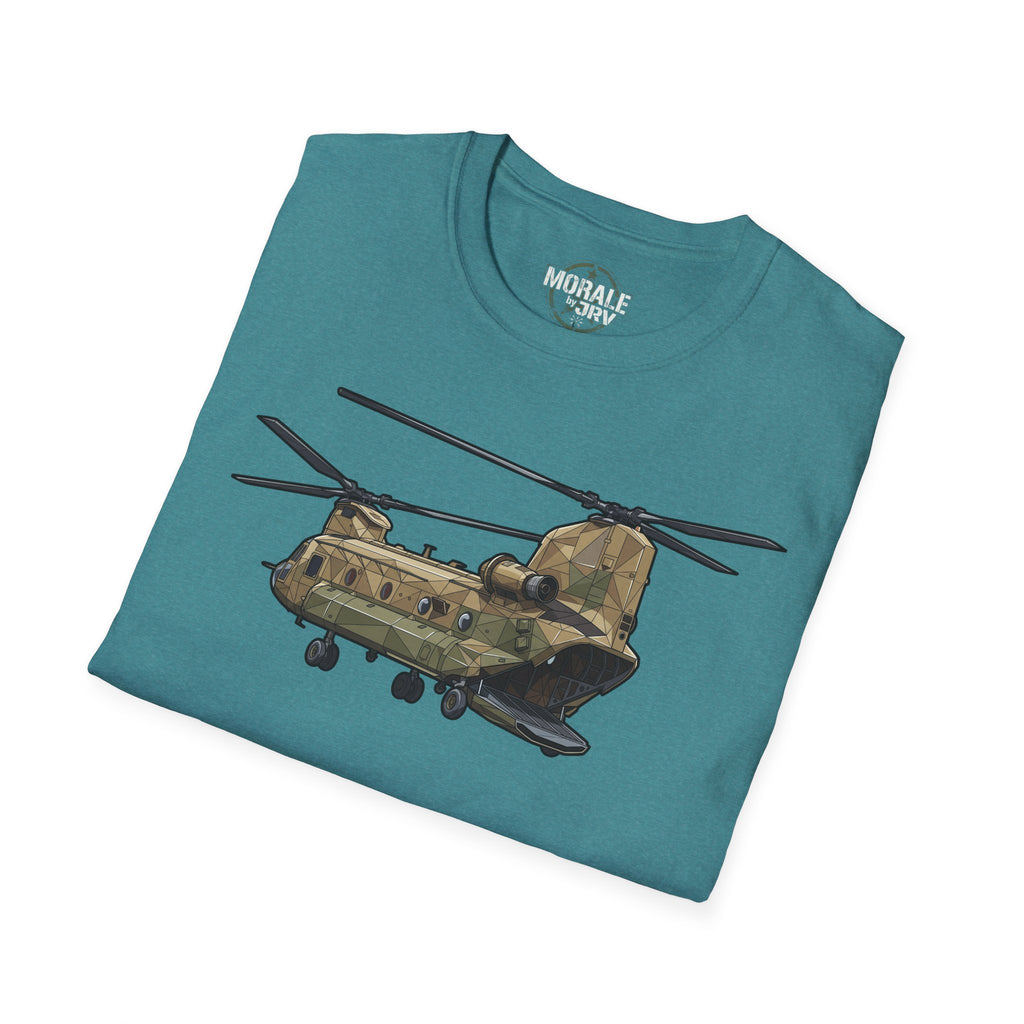 CH-47 Chinook helicopter graphic on teal blue crew-neck T-shirt