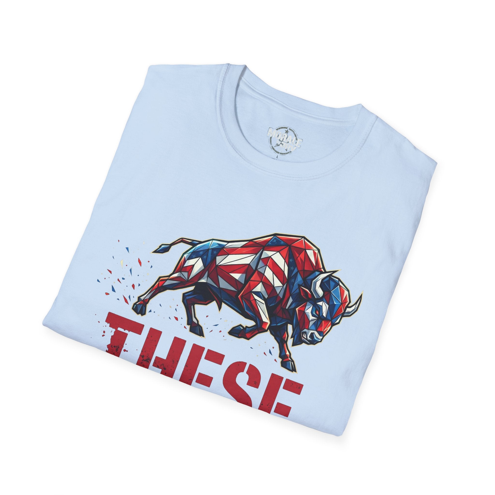 Light blue T-shirt with geometric American bull graphic and red “THESE COLORS” text