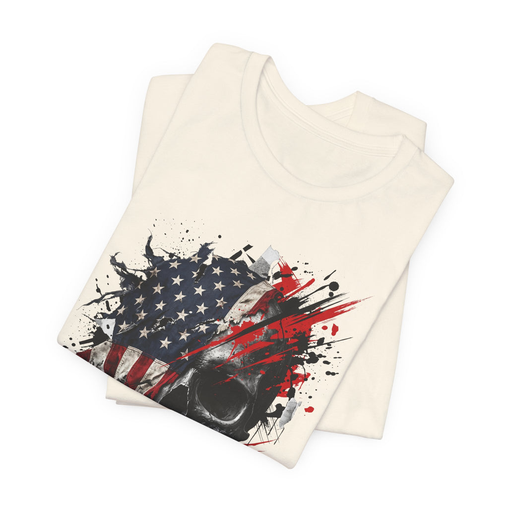 Cream crew-neck T-shirt with skull and American flag splatter graphic