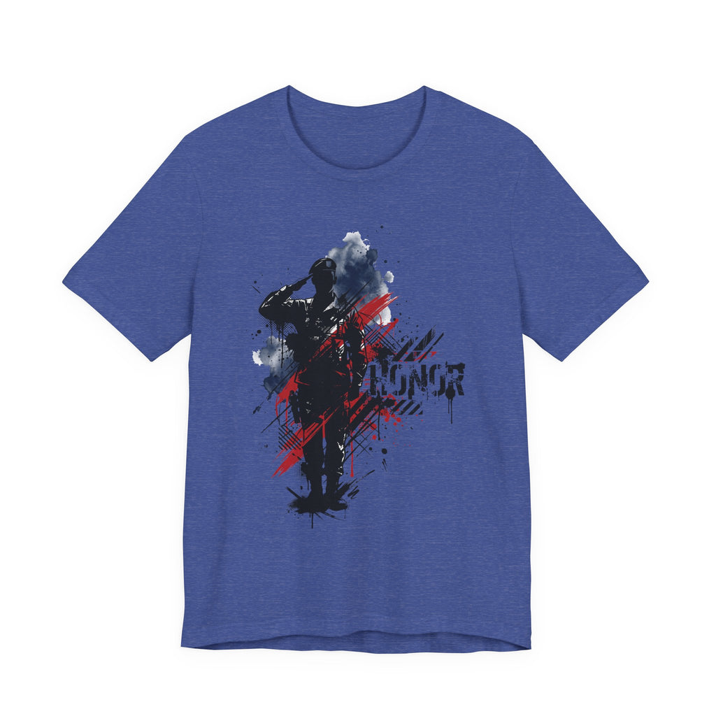 Royal blue crewneck T-shirt with soldier silhouette and red-blue brushstroke graphic, front print.