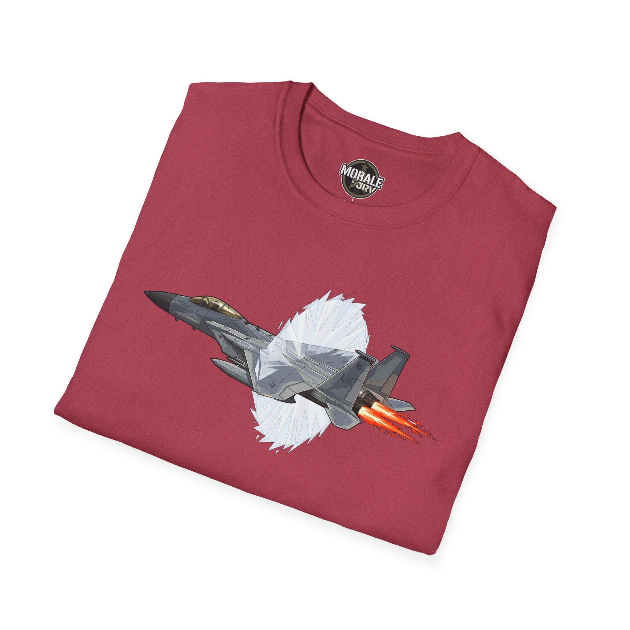 Burgundy T-Shirt mit Kampfflugzeug-Grafik und Flammen im Nachbrenner