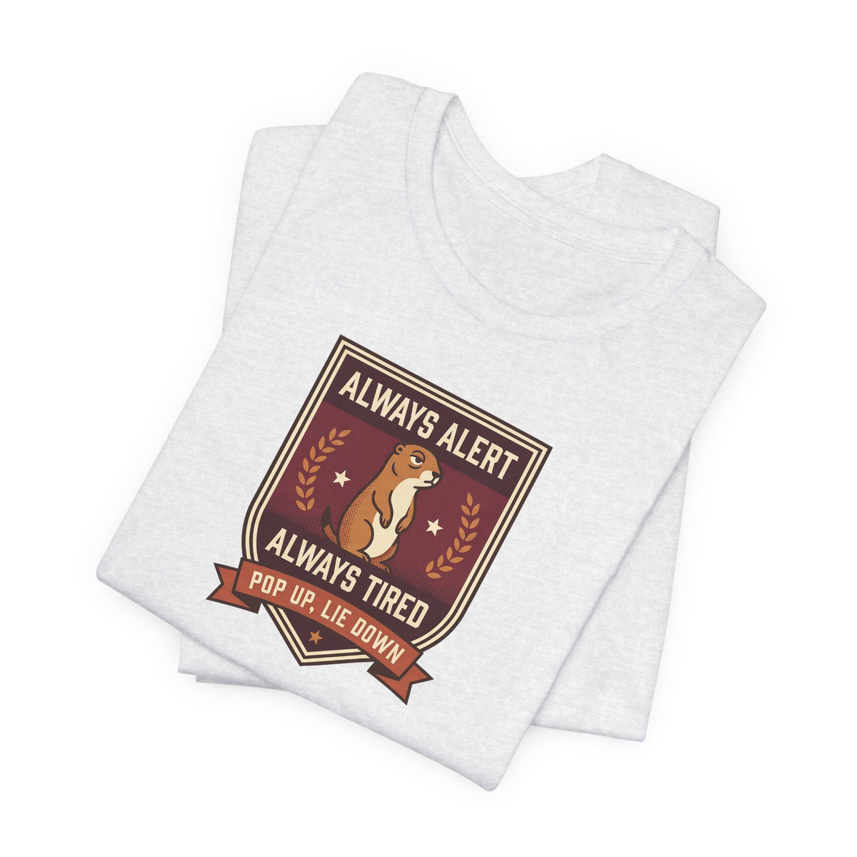 Light gray crewneck T-shirt with squirrel crest badge graphic on chest, folded