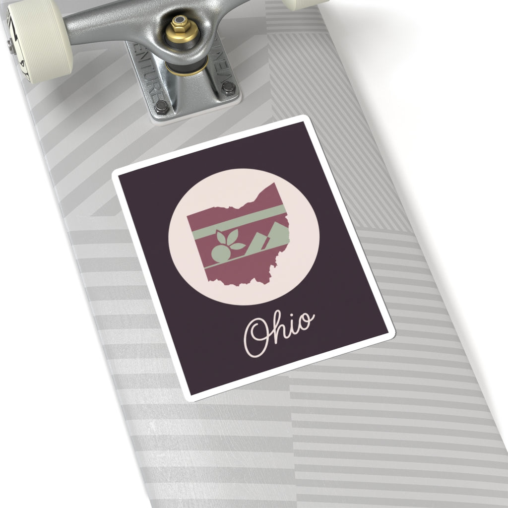 Ohio kiss-cut decal on a striped surface; square border with circular floral stripe map