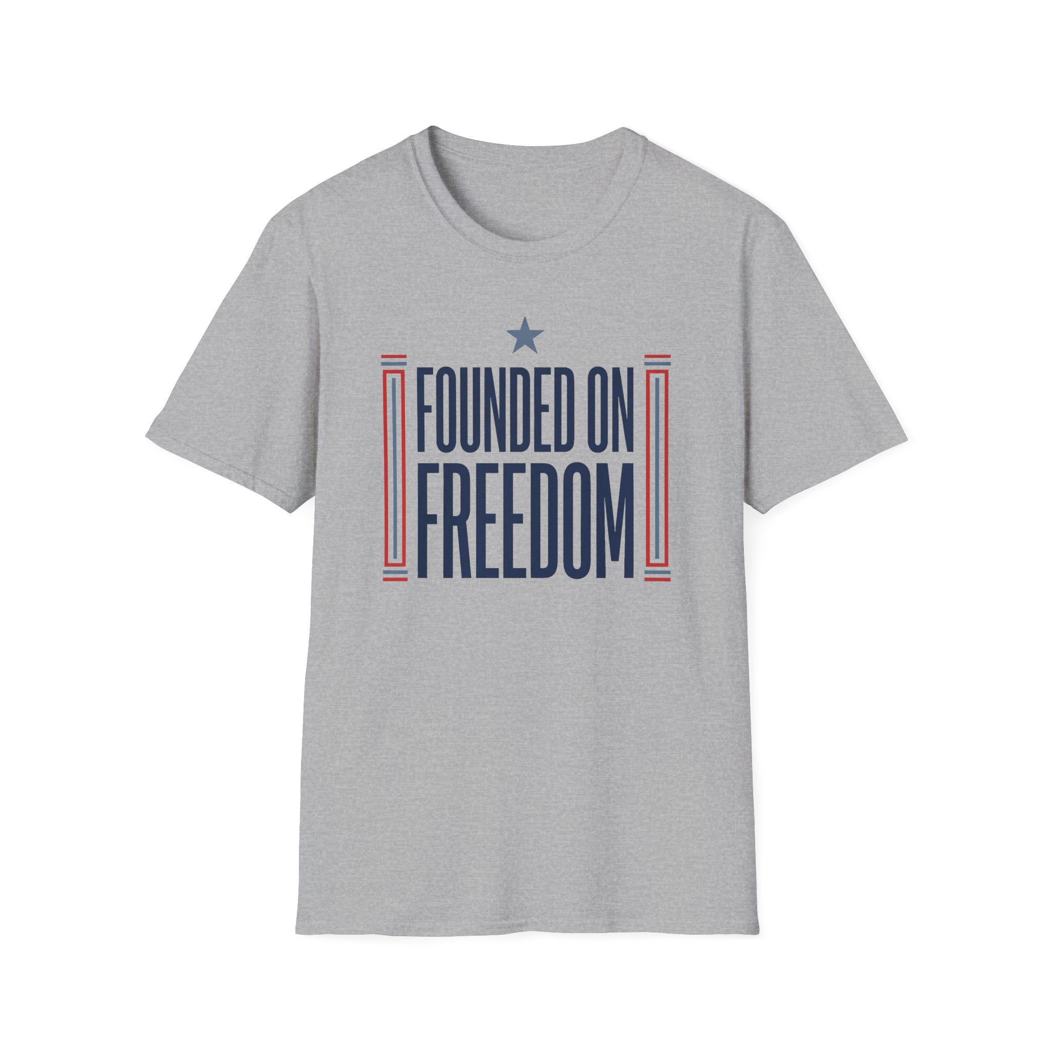 Sport grey graphic T-shirt front with "Founded on Freedom" text and red-blue stripes