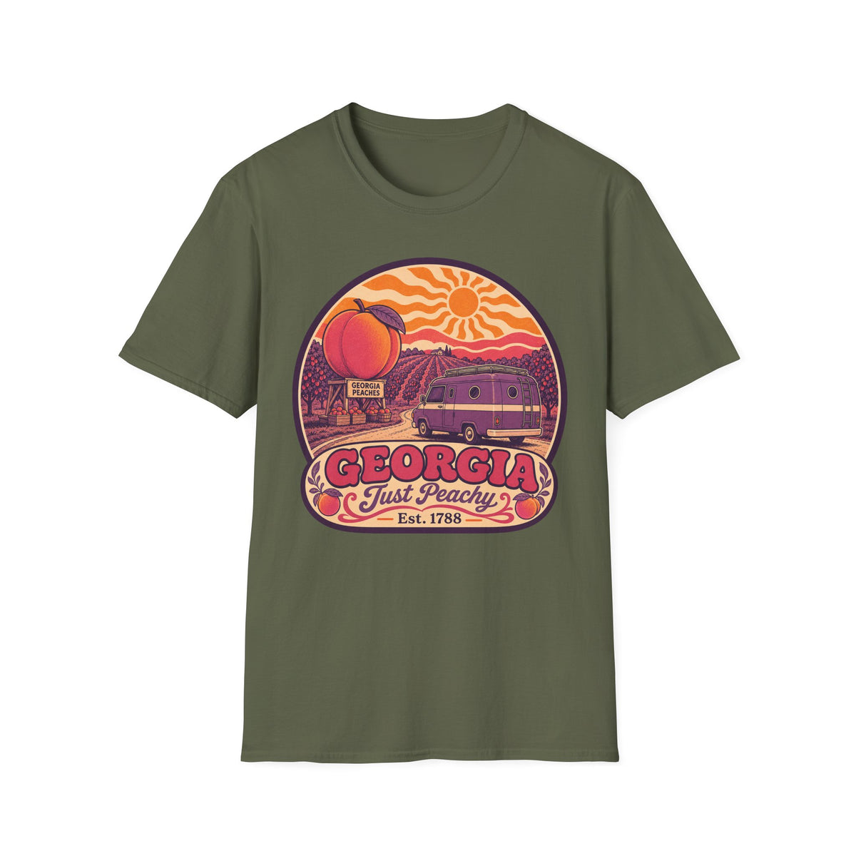 Olive green crew-neck T-shirt with circular Georgia sunset van graphic on the front.
