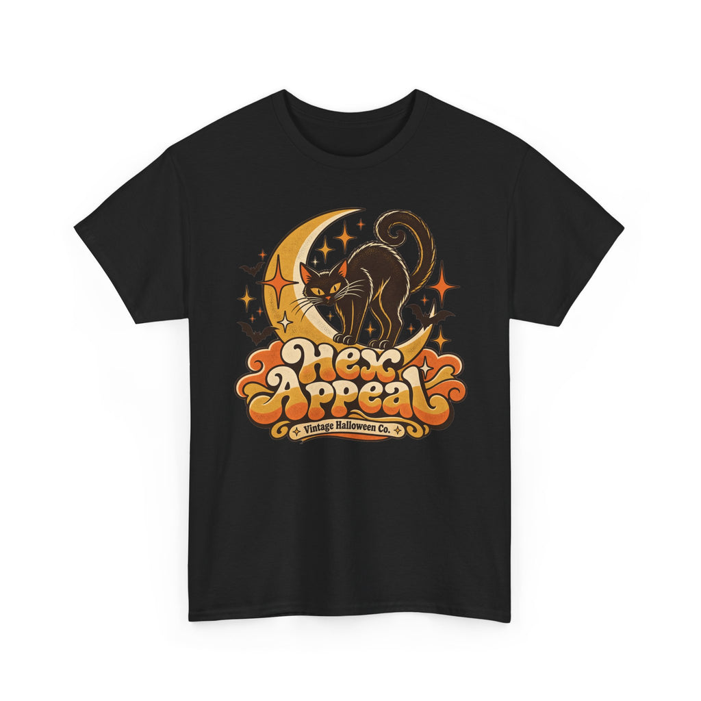Hex Appeal Black Cat T-Shirt, Retro Crescent Moon Witchy Halloween Shirt for Women and Men, Funny Spooky Cat Lover Tee