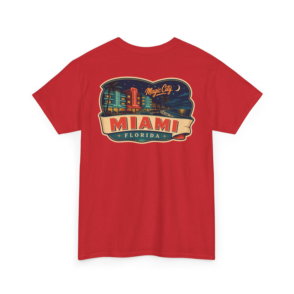 Red T-shirt with Miami luggage tag graphic on the chest