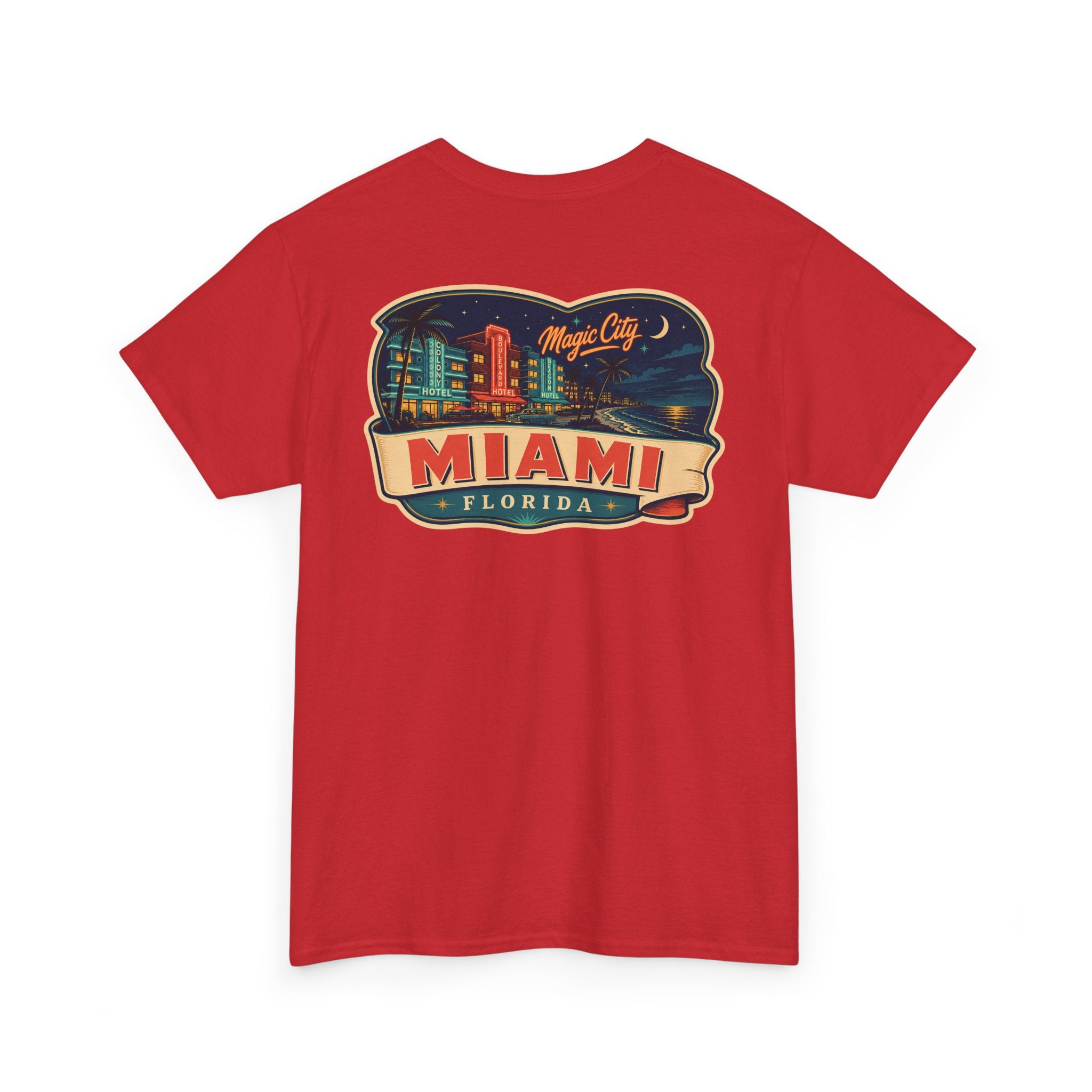 Red T-shirt with Miami luggage tag graphic on the chest