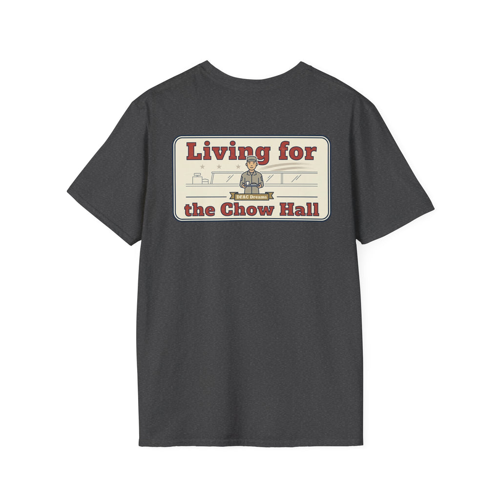 Dark gray graphic t-shirt with large back text and logo graphic
