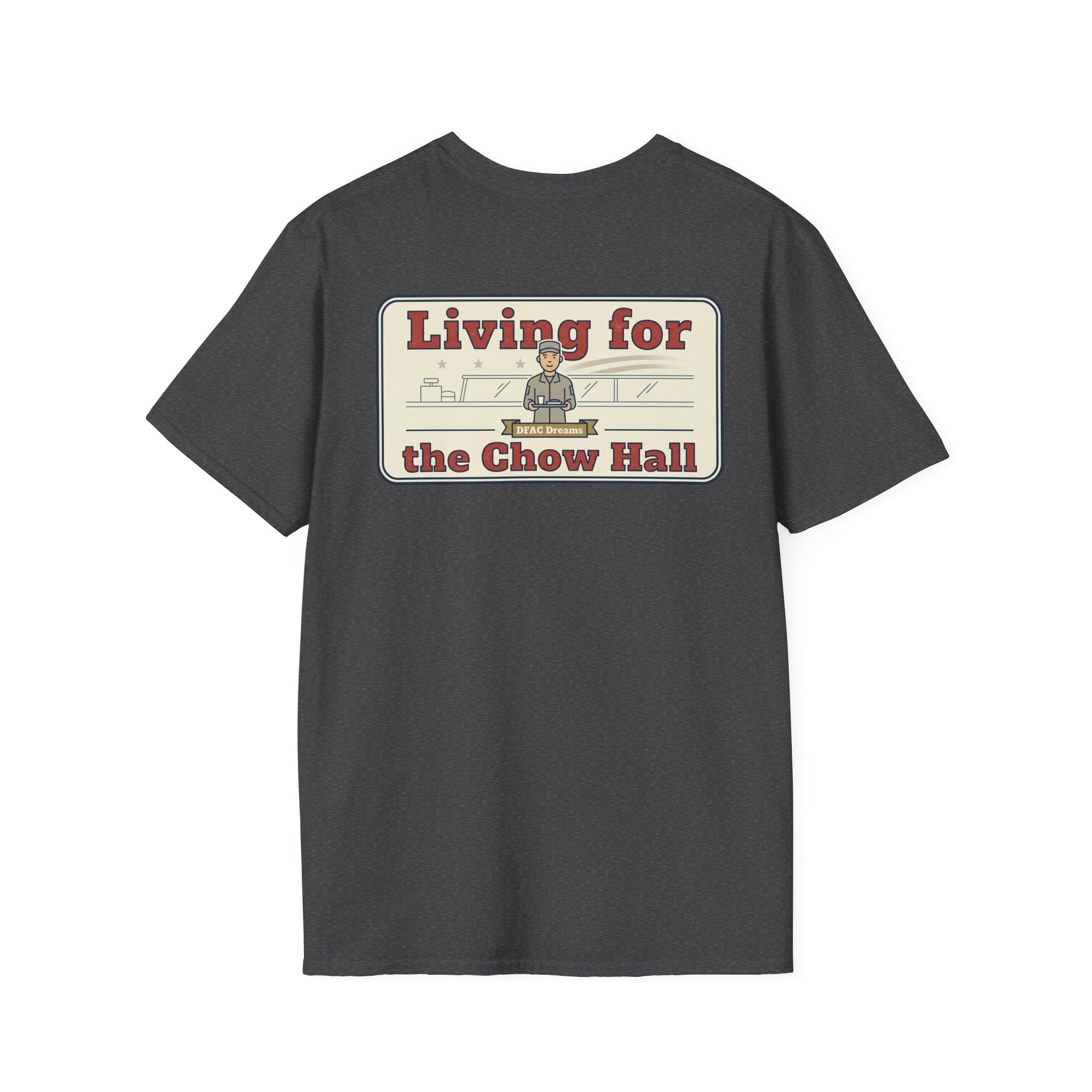 Dark gray graphic t-shirt with large back text and logo graphic